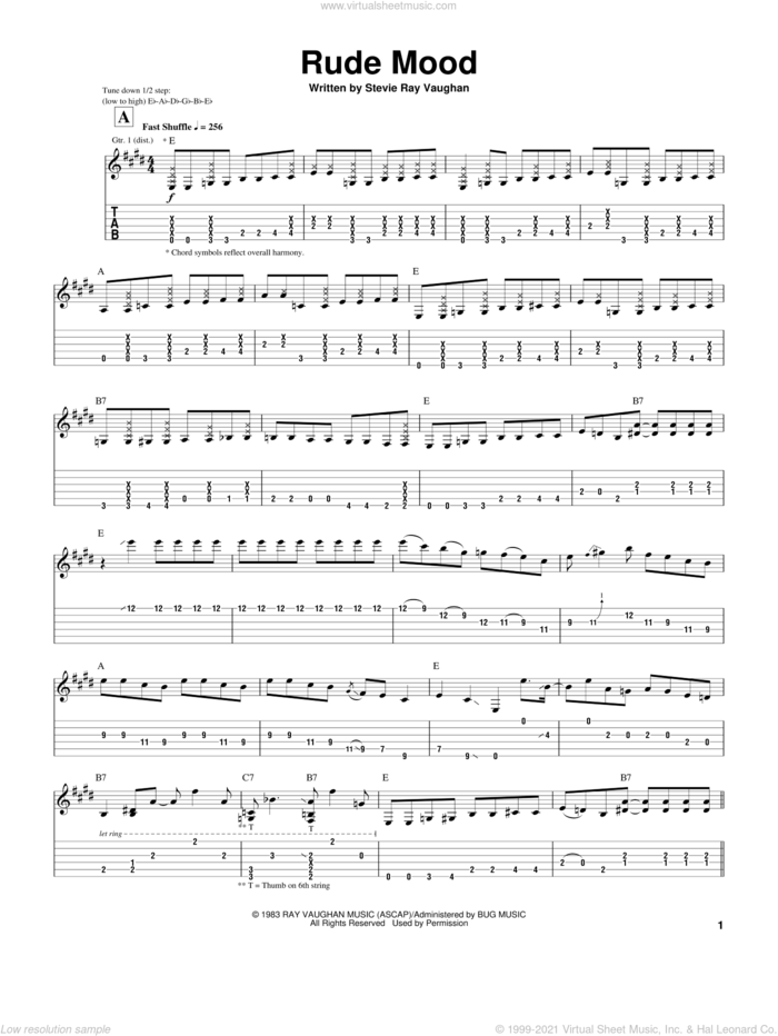Rude Mood sheet music for guitar (tablature) by Stevie Ray Vaughan, intermediate skill level