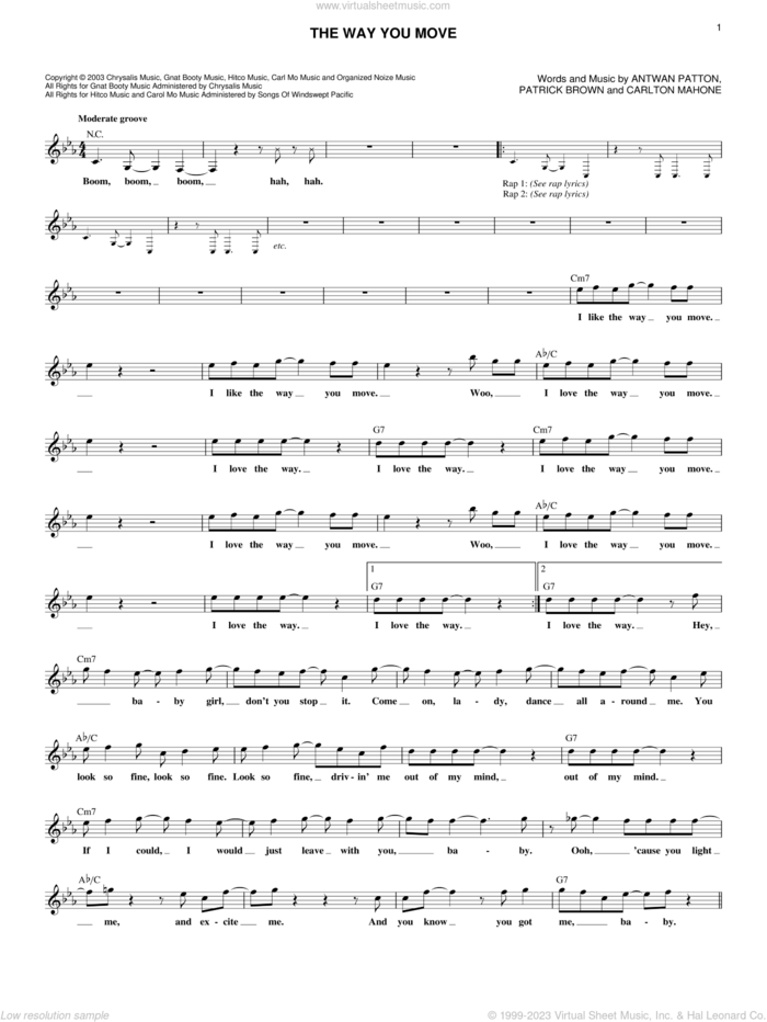 The Way You Move sheet music for voice and other instruments (fake book) by Outkast featuring Sleepy Brown, Antwon Patton, Cartlon Mahone and Patrick Brown, intermediate skill level