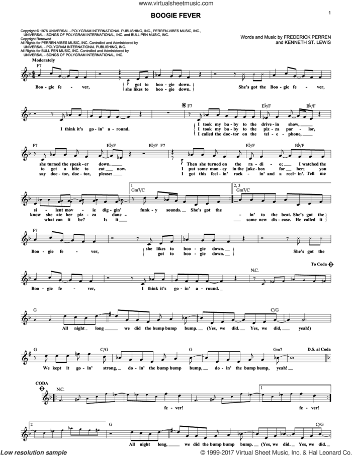 Boogie Fever sheet music for voice and other instruments (fake book) by The Sylvers, Frederick Perren and Kenneth St. Lewis, intermediate skill level