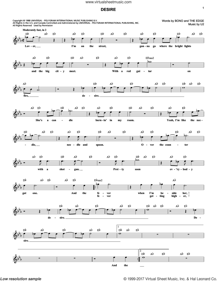 Desire sheet music for voice and other instruments (fake book) by U2 and Bono, intermediate skill level