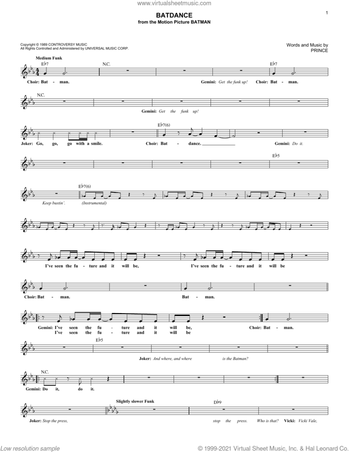 Batdance sheet music for voice and other instruments (fake book) by Prince, intermediate skill level