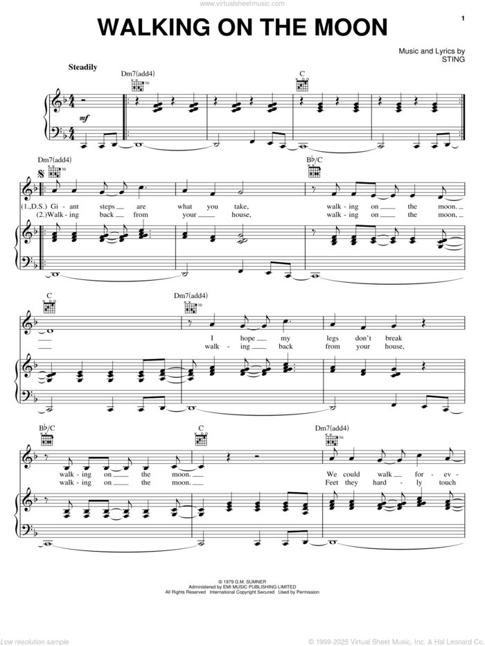 Walking On The Moon sheet music for voice, piano or guitar by The Police and Sting, intermediate skill level