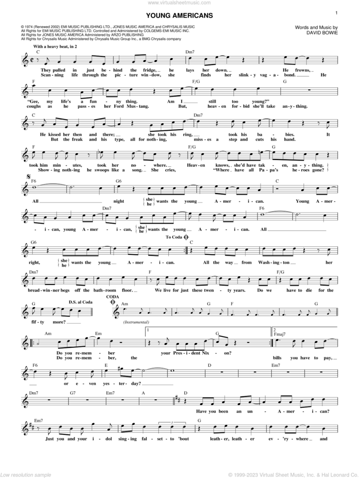 Young Americans sheet music for voice and other instruments (fake book) by David Bowie, intermediate skill level