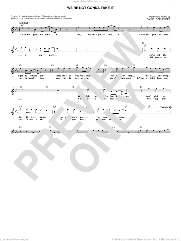 We're Not Gonna Take It sheet music for voice and other instruments (fake book) by Twisted Sister and Dee Snider, intermediate skill level