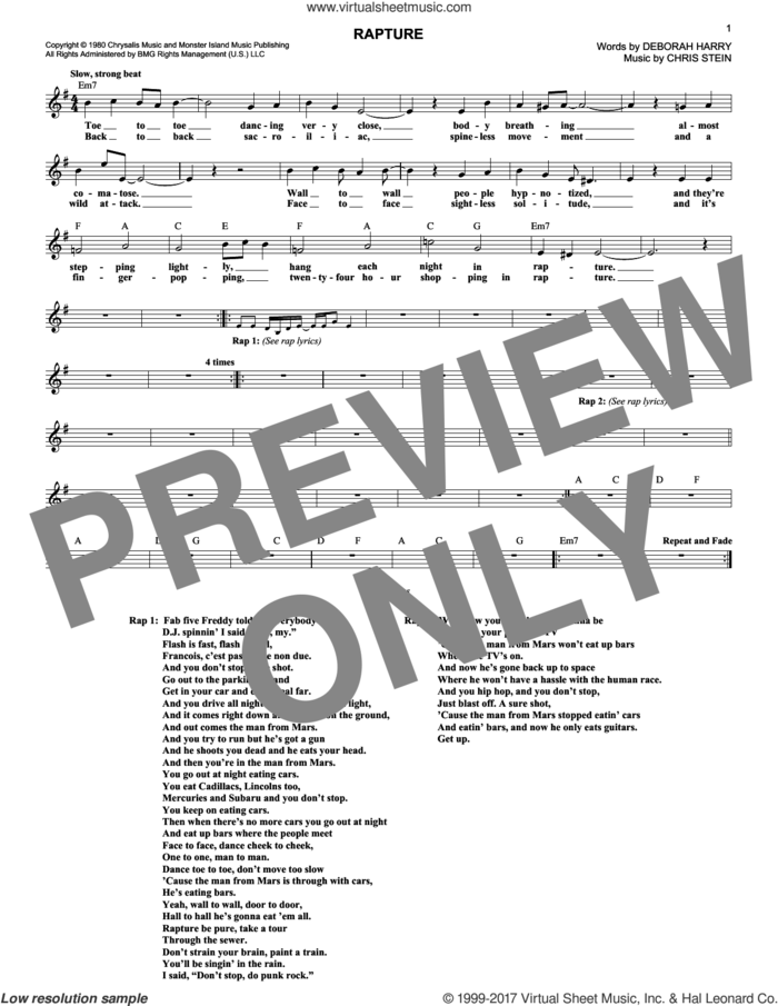 Rapture sheet music for voice and other instruments (fake book) by Blondie, Chris Stein and Deborah Harry, intermediate skill level