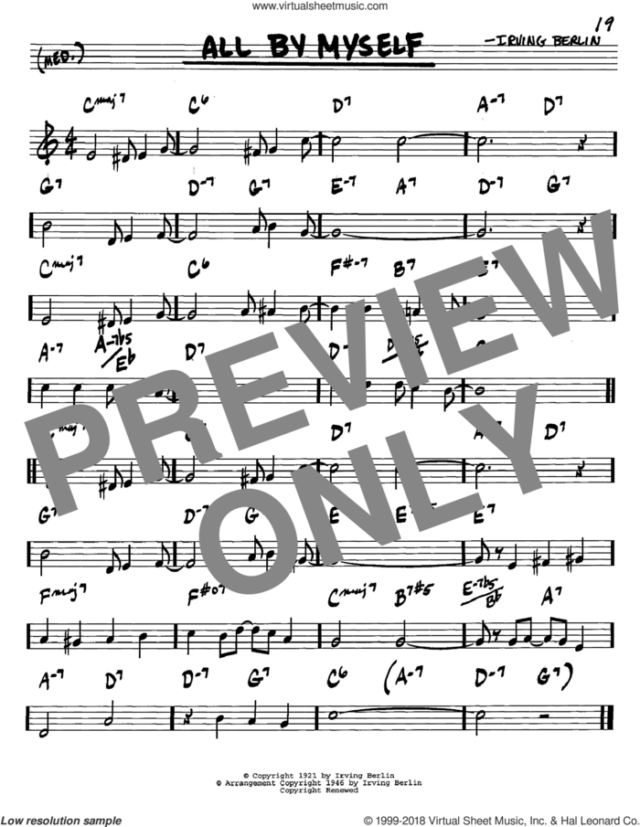 All By Myself sheet music for voice and other instruments (in C) by Irving Berlin, intermediate skill level