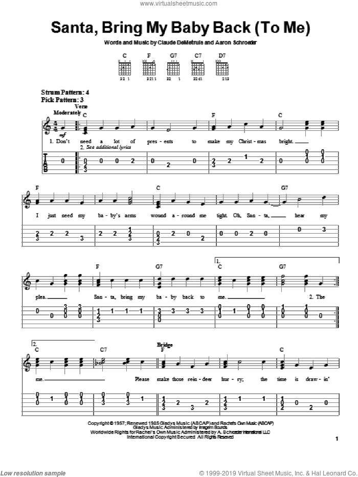 Santa, Bring My Baby Back (To Me) sheet music for guitar solo (chords) by Elvis Presley, Aaron Schroeder and Claude DeMetruis, easy guitar (chords)