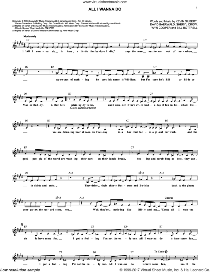 All I Wanna Do sheet music for voice and other instruments (fake book) by Sheryl Crow, Bill Bottrell, David Baerwald, Kevin Gilbert and Wyn Cooper, intermediate skill level