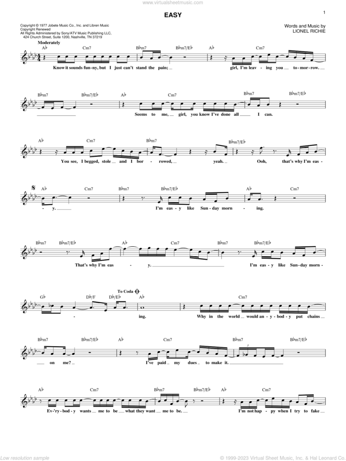 Easy sheet music for voice and other instruments (fake book) by The Commodores and Lionel Richie, intermediate skill level