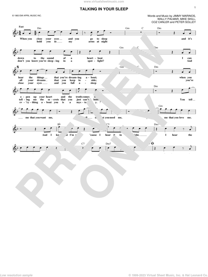 Talking In Your Sleep sheet music for voice and other instruments (fake book) by The Romantics, Coz Canler, Jimmy Marinos, Mike Skill, Peter Solley and Wally Palmar, intermediate skill level