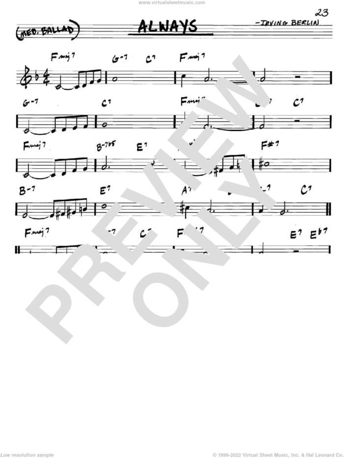 Always sheet music for voice and other instruments (in C) by Irving Berlin, Billie Holiday, Frank Sinatra and Patsy Cline, intermediate skill level