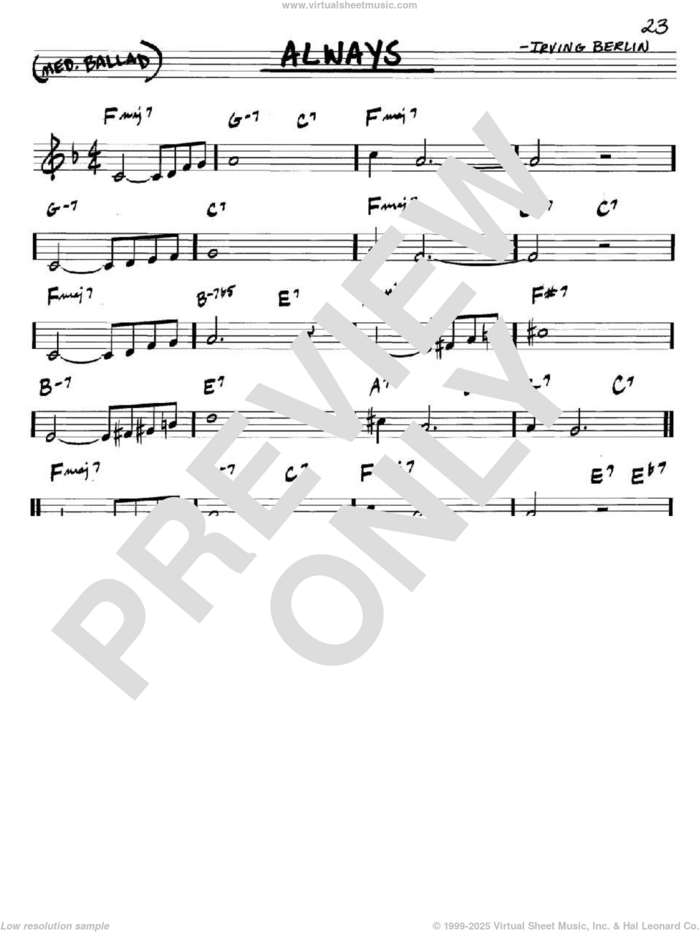 Always sheet music for voice and other instruments (in C) by Irving Berlin, Billie Holiday, Frank Sinatra and Patsy Cline, intermediate skill level