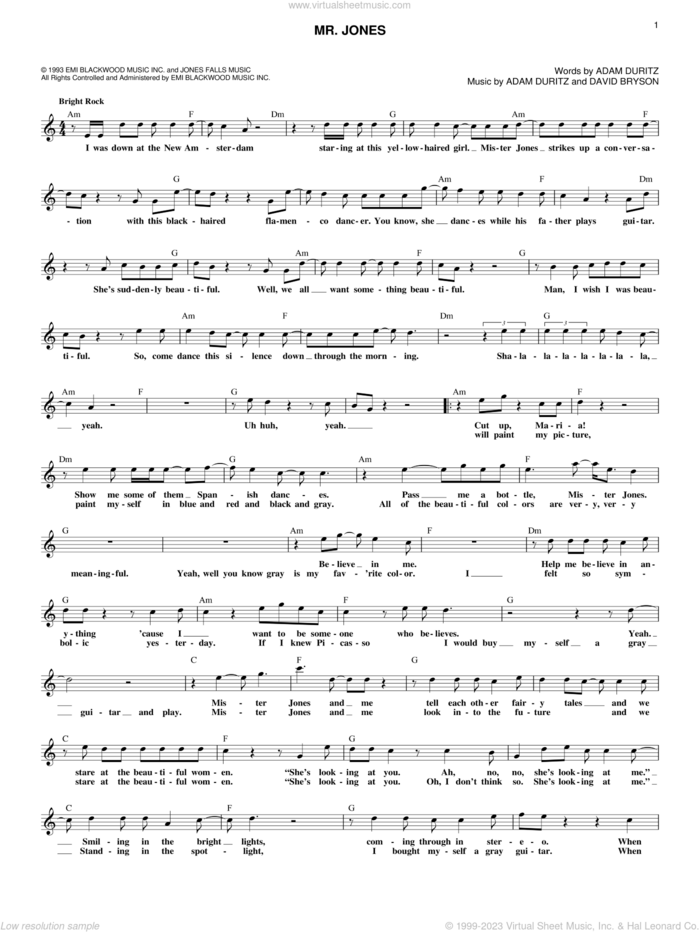 Mr. Jones sheet music for voice and other instruments (fake book) by Counting Crows, Adam Duritz, Ben Mize, Charles Gillingham, Dan Vickrey, David Bryson, Matthew Malley and Steve Bowman, intermediate skill level