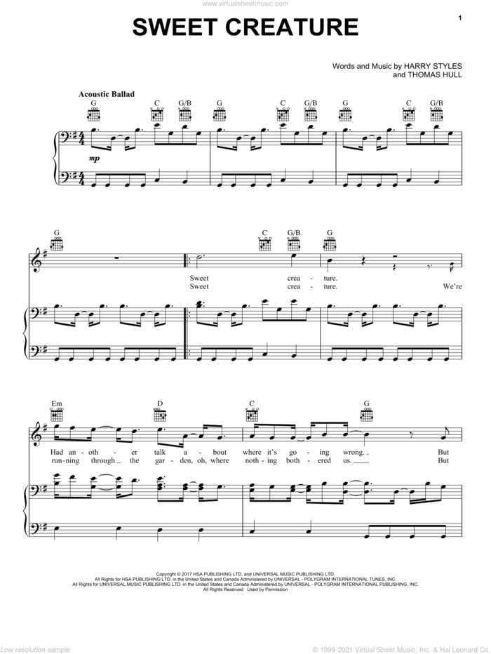 Sweet Creature sheet music for voice, piano or guitar by Harry Styles and Tom Hull, intermediate skill level