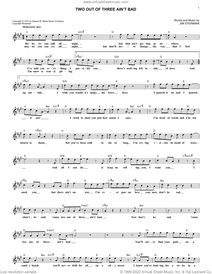 Two Out Of Three Ain't Bad sheet music for voice and other instruments (fake book) by Meat Loaf and Jim Steinman, intermediate skill level