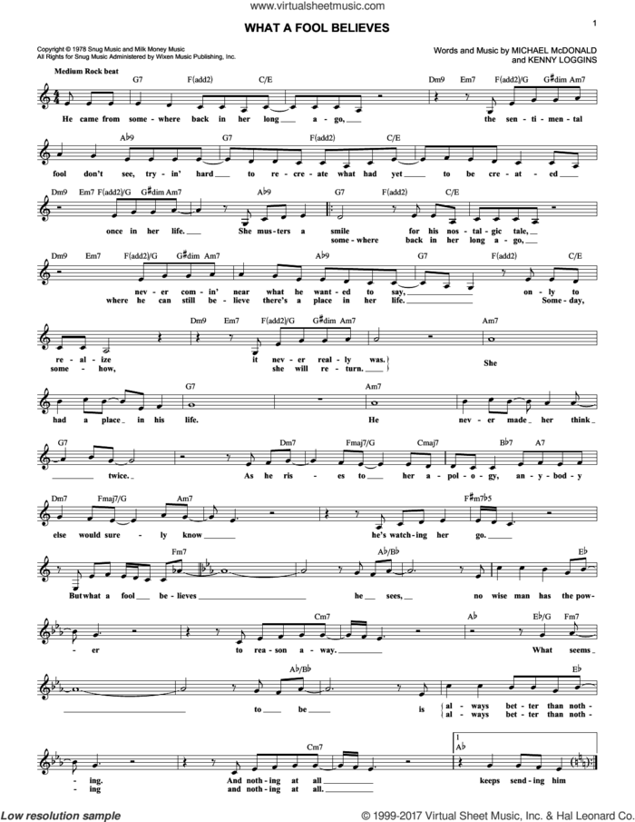 What A Fool Believes sheet music for voice and other instruments (fake book) by The Doobie Brothers, Kenny Loggins and Michael McDonald, intermediate skill level