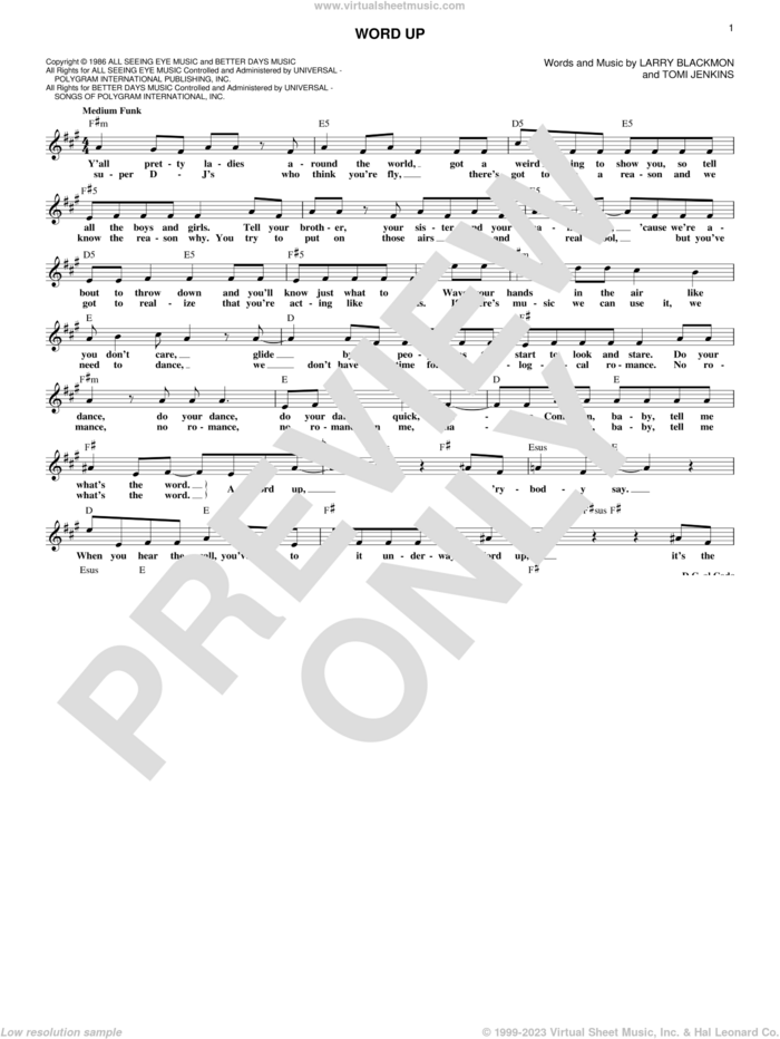 Word Up sheet music for voice and other instruments (fake book) by Cameo, Larry Blackmon and Tomi Jenkins, intermediate skill level
