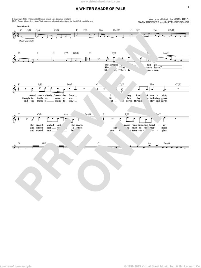 A Whiter Shade Of Pale sheet music for voice and other instruments (fake book) by Procol Harum, Gary Brooker, Keith Reid and Matthew Fisher, wedding score, intermediate skill level