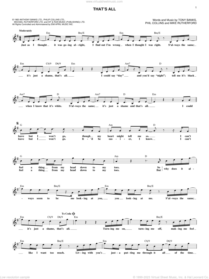 That's All sheet music for voice and other instruments (fake book) by Genesis, Mike Rutherford, Phil Collins and Tony Banks, intermediate skill level