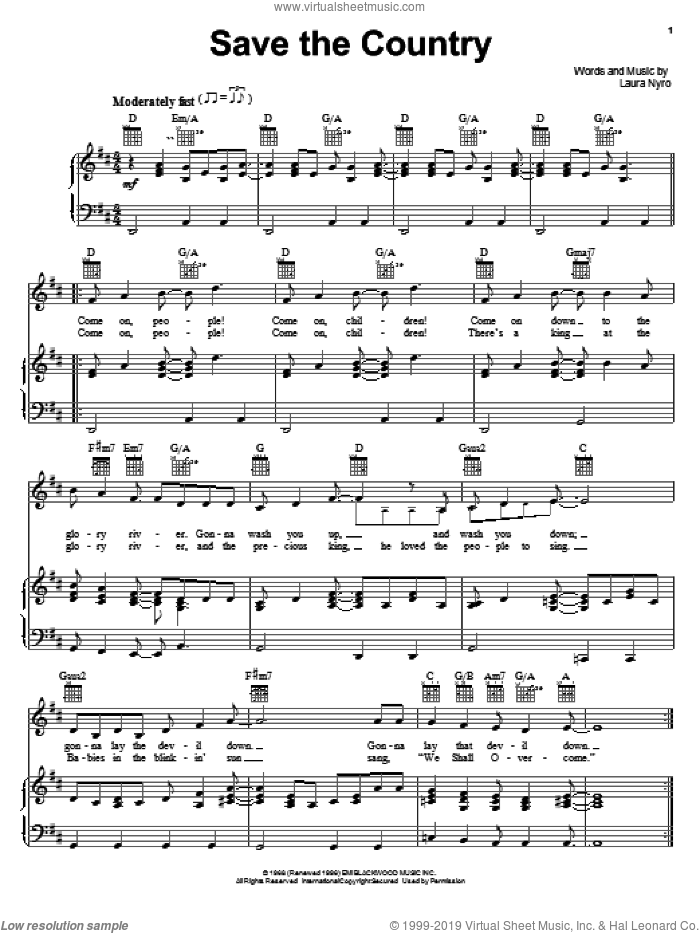 Save The Country sheet music for voice, piano or guitar by Laura Nyro, intermediate skill level