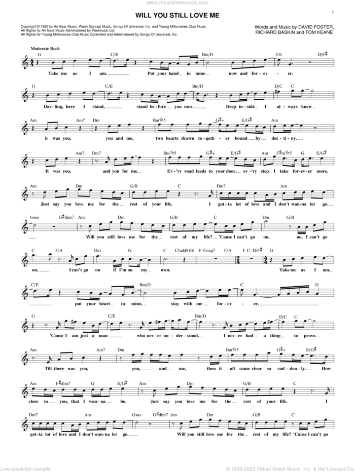 Will You Still Love Me sheet music for voice and other instruments (fake book) by Chicago, David Foster, Richard Baskin and Tom Keane, intermediate skill level