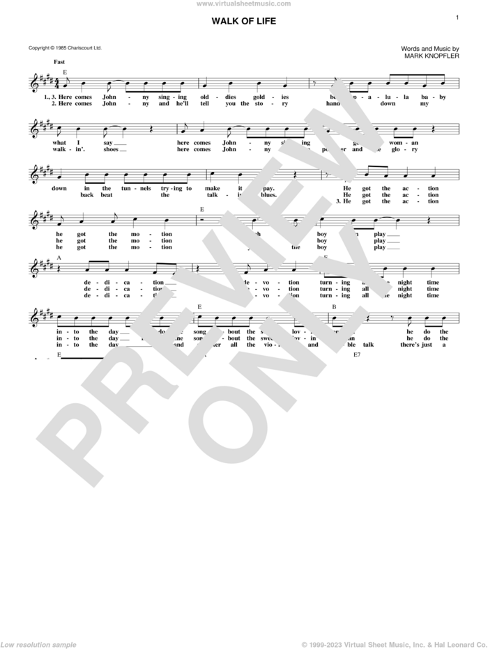 Walk Of Life sheet music for voice and other instruments (fake book) by Dire Straits and Mark Knopfler, intermediate skill level