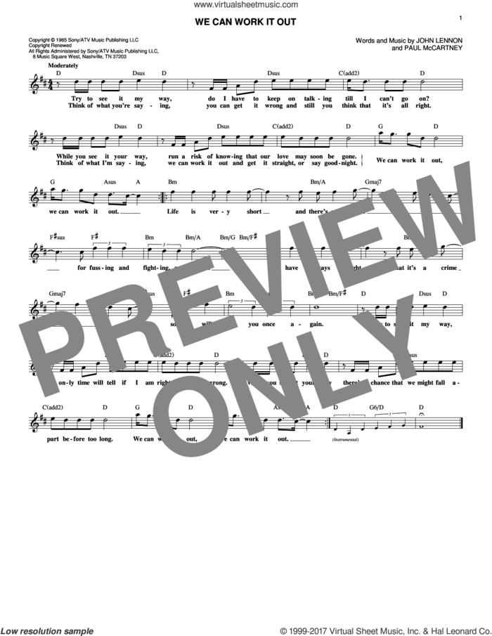 We Can Work It Out sheet music for voice and other instruments (fake book) by The Beatles, John Lennon and Paul McCartney, intermediate skill level