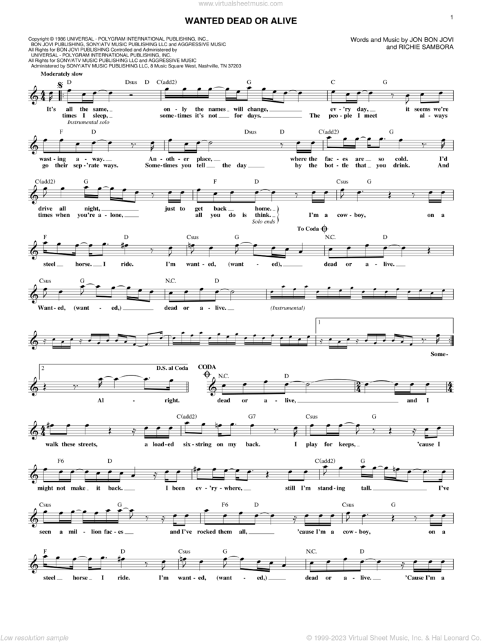 Wanted Dead Or Alive sheet music for voice and other instruments (fake book) by Bon Jovi, Chris Daughtry and Richie Sambora, intermediate skill level
