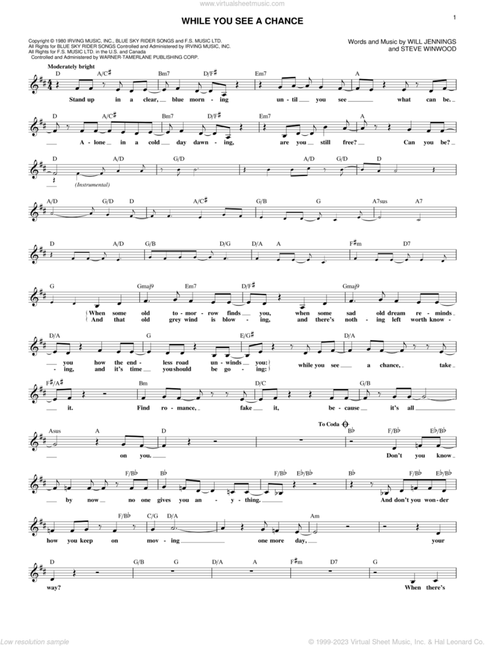 While You See A Chance sheet music for voice and other instruments (fake book) by Steve Winwood and Will Jennings, intermediate skill level