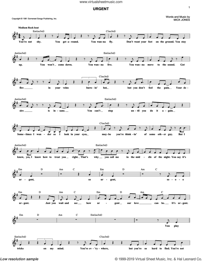 Urgent sheet music for voice and other instruments (fake book) by Foreigner and Mick Jones, intermediate skill level