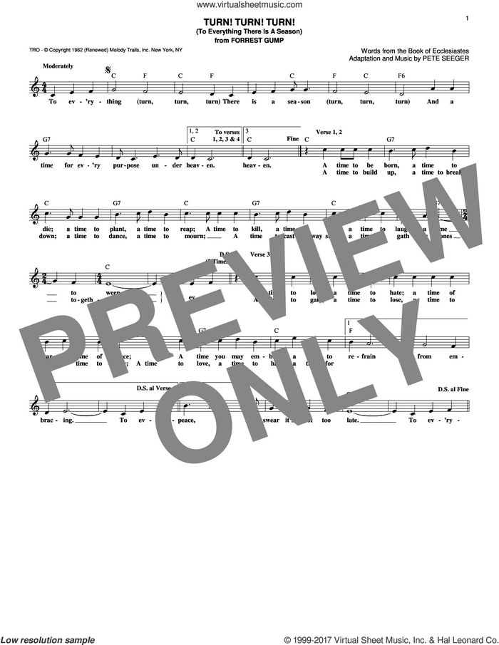 Turn! Turn! Turn! (To Everything There Is A Season) sheet music for voice and other instruments (fake book) by The Byrds, Book of Ecclesiastes and Pete Seeger, intermediate skill level