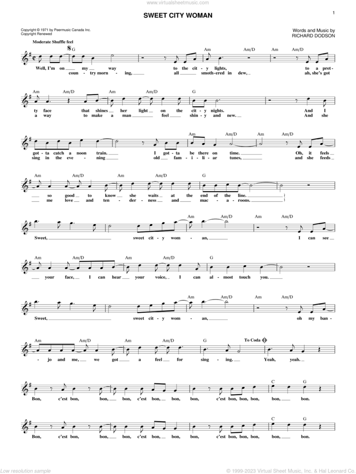 Sweet City Woman sheet music for voice and other instruments (fake book) by Stampeders and Richard Dodson, intermediate skill level