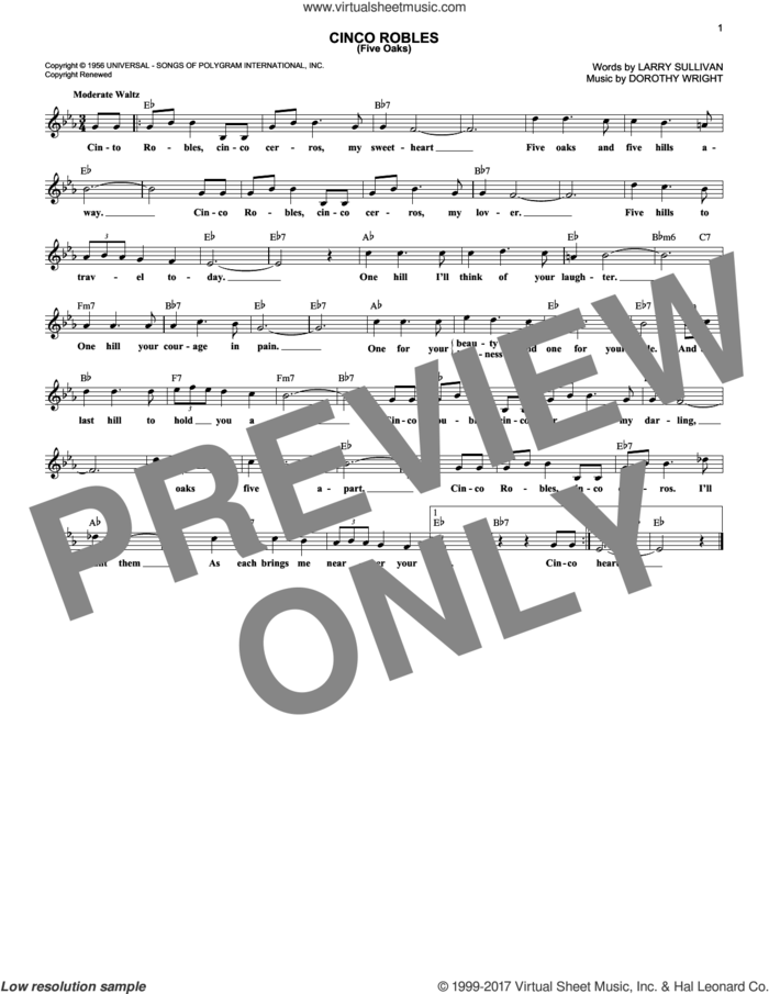 Cinco Robles (Five Oaks) sheet music for voice and other instruments (fake book) by Les Paul & Mary Ford, Russell Arms, Dorothy Wright and Larry Sullivan, intermediate skill level