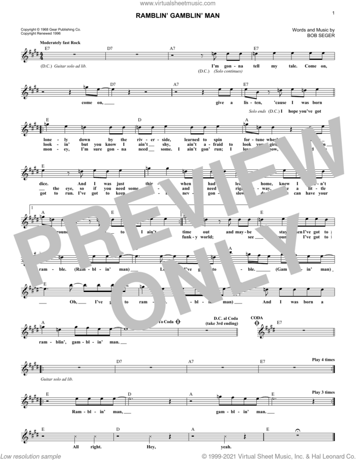 Ramblin' Gamblin' Man sheet music for voice and other instruments (fake book) by Bob Seger, intermediate skill level