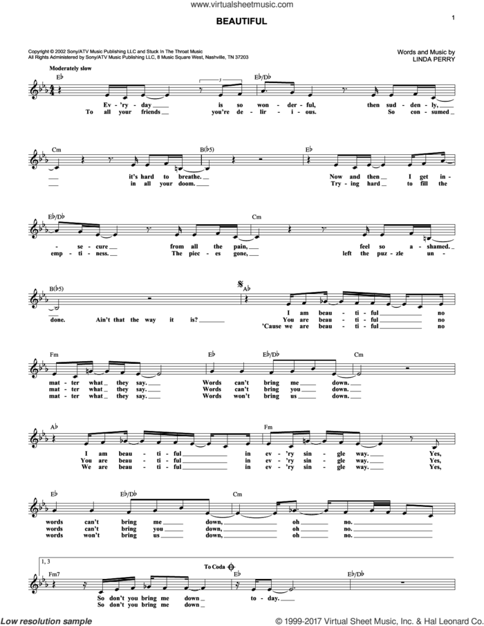 Beautiful sheet music for voice and other instruments (fake book) by Christina Aguilera & Beverly McClellan, Christina Aguilera and Linda Perry, intermediate skill level