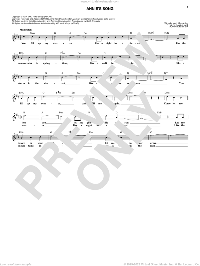Annie's Song sheet music for voice and other instruments (fake book) by John Denver, intermediate skill level