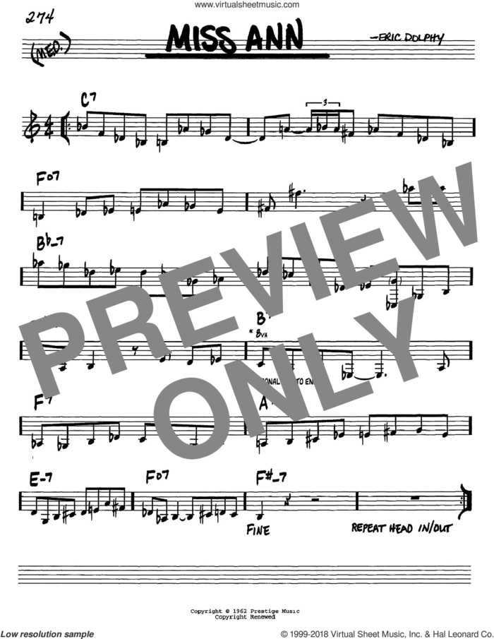 Miss Ann sheet music for voice and other instruments (in C) by Eric Dolphy, intermediate skill level