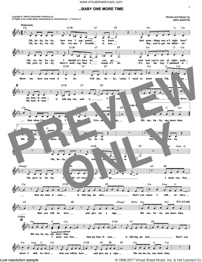 ...Baby One More Time sheet music for voice and other instruments (fake book) by Britney Spears, Merle Travis and Max Martin, intermediate skill level