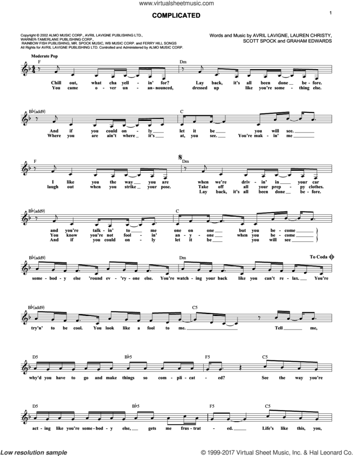 Complicated sheet music for voice and other instruments (fake book) by Avril Lavigne, David Scott Alspach, Graham Edwards and Lauren Christy, intermediate skill level