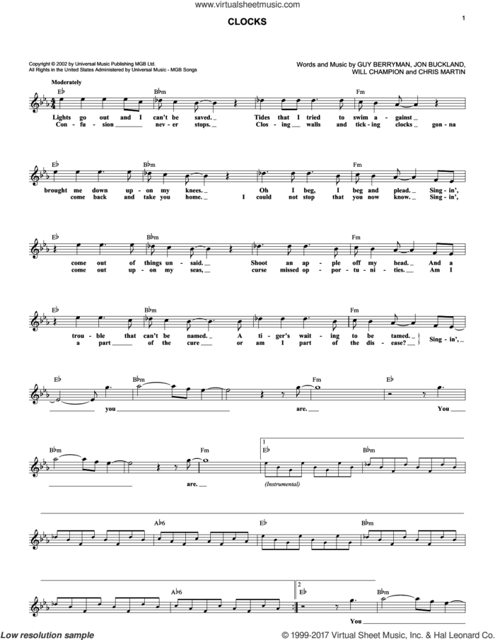 Clocks sheet music for voice and other instruments (fake book) by Guy Berryman, Coldplay, Chris Martin, Jon Buckland and Will Champion, intermediate skill level
