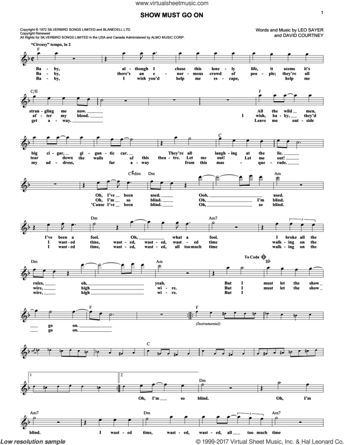 Show Must Go On sheet music for voice and other instruments (fake book) by Three Dog Night, David Courtney and Leo Sayer, intermediate skill level