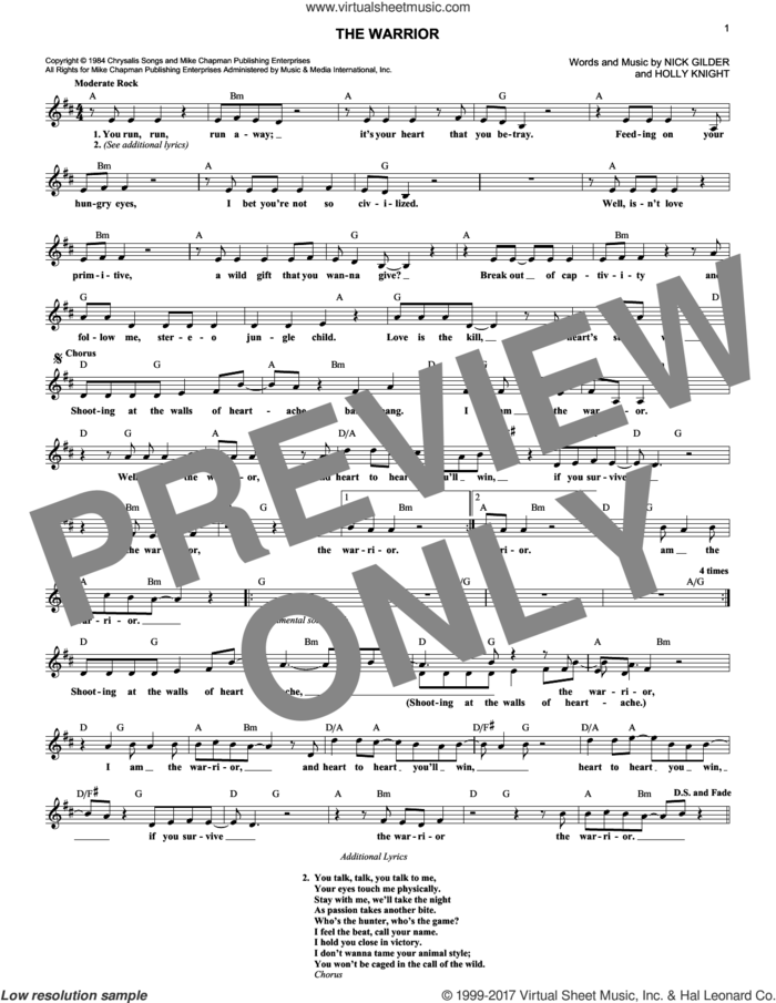 The Warrior sheet music for voice and other instruments (fake book) by Scandal, Holly Knight and Nick Gilder, intermediate skill level