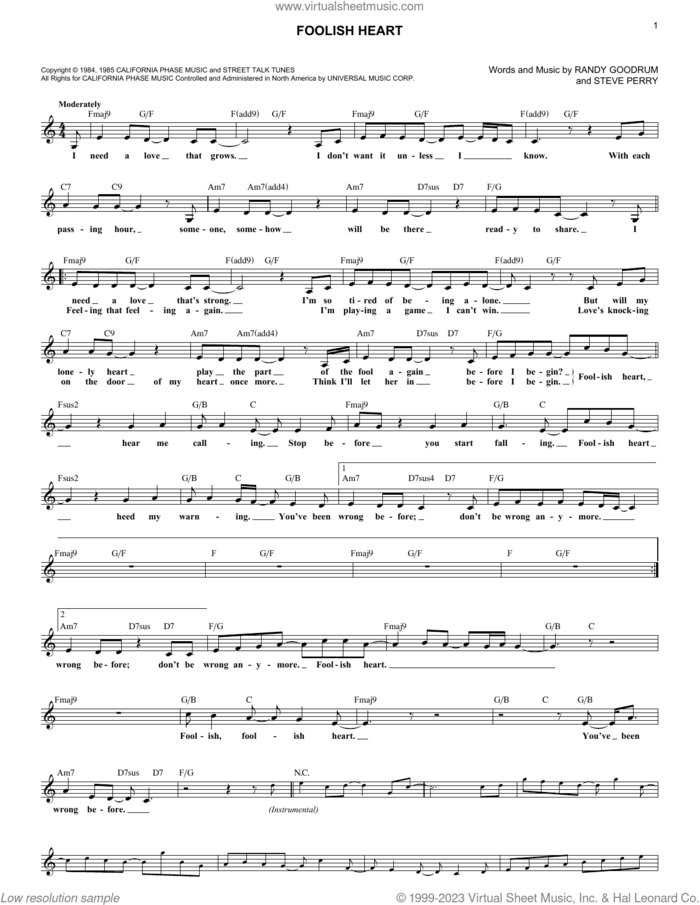 Foolish Heart sheet music for voice and other instruments (fake book) by Steve Perry and Randy Goodrum, intermediate skill level