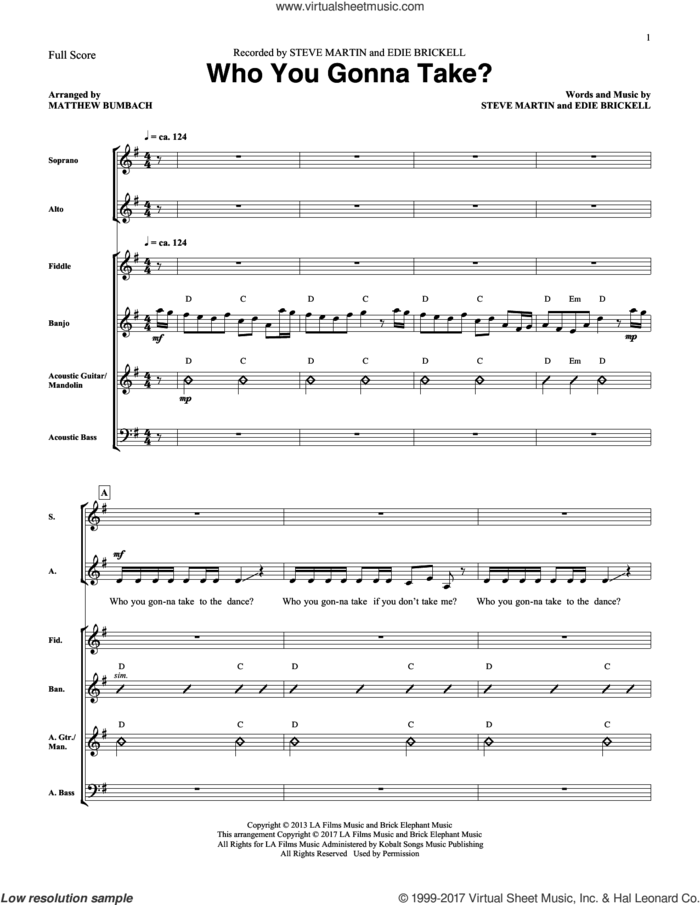 Who You Gonna Take? (COMPLETE) sheet music for orchestra/band by Edie Brickell, M Bumbach and Steve Martin, intermediate skill level