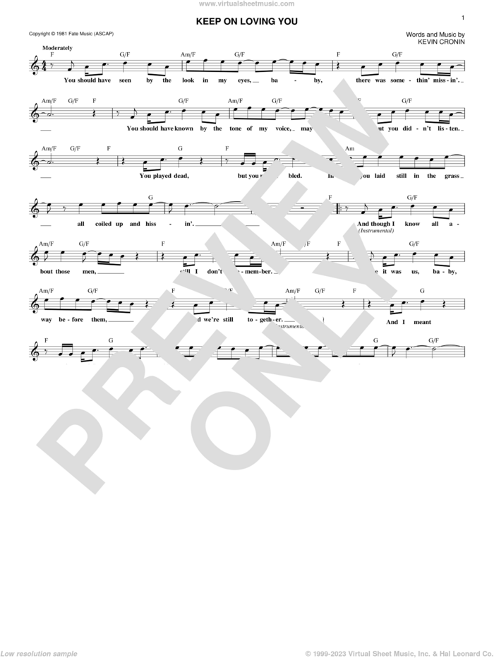 Keep On Loving You sheet music for voice and other instruments (fake book) by REO Speedwagon and Kevin Cronin, intermediate skill level