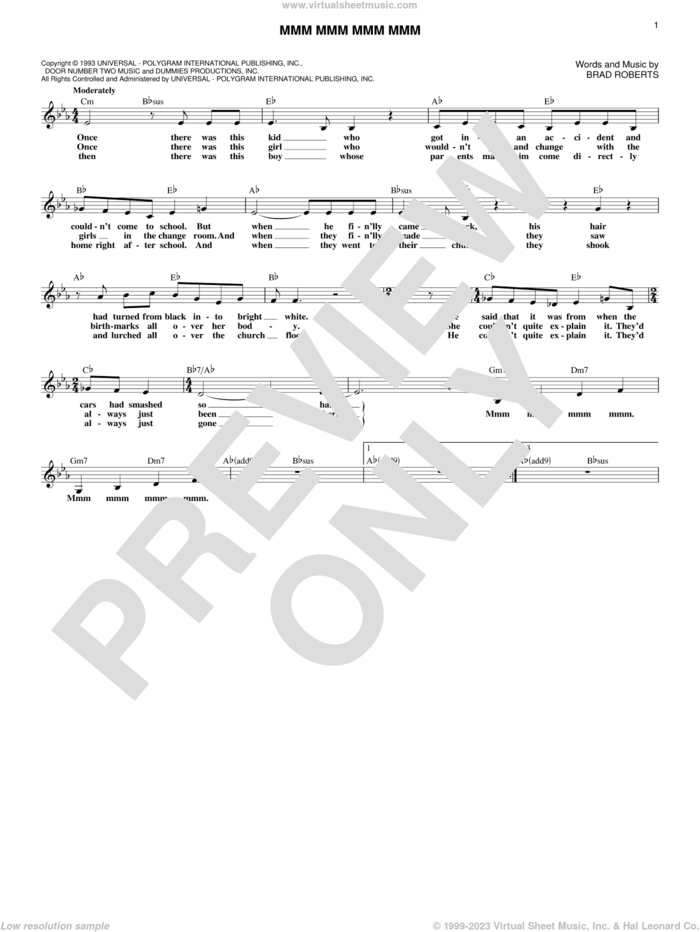 Mmm Mmm Mmm Mmm sheet music for voice and other instruments (fake book) by Crash Test Dummies and Brad Roberts, intermediate skill level