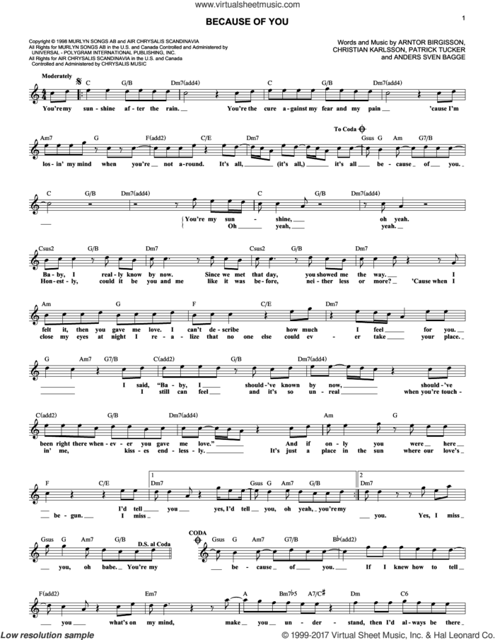 Because Of You sheet music for voice and other instruments (fake book) by 98 Degrees, Anders Sven Bagge, Arntor Birgisson, Christian Karlsson and Patrick Tucker, intermediate skill level