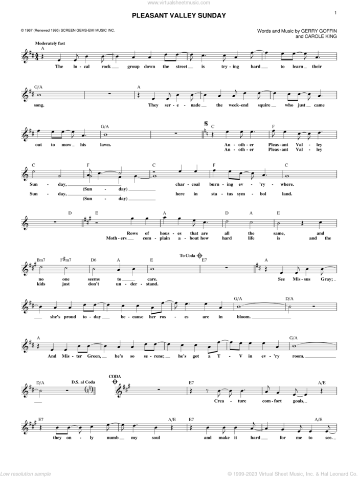Pleasant Valley Sunday sheet music for voice and other instruments (fake book) by The Monkees, Carole King and Gerry Goffin, intermediate skill level