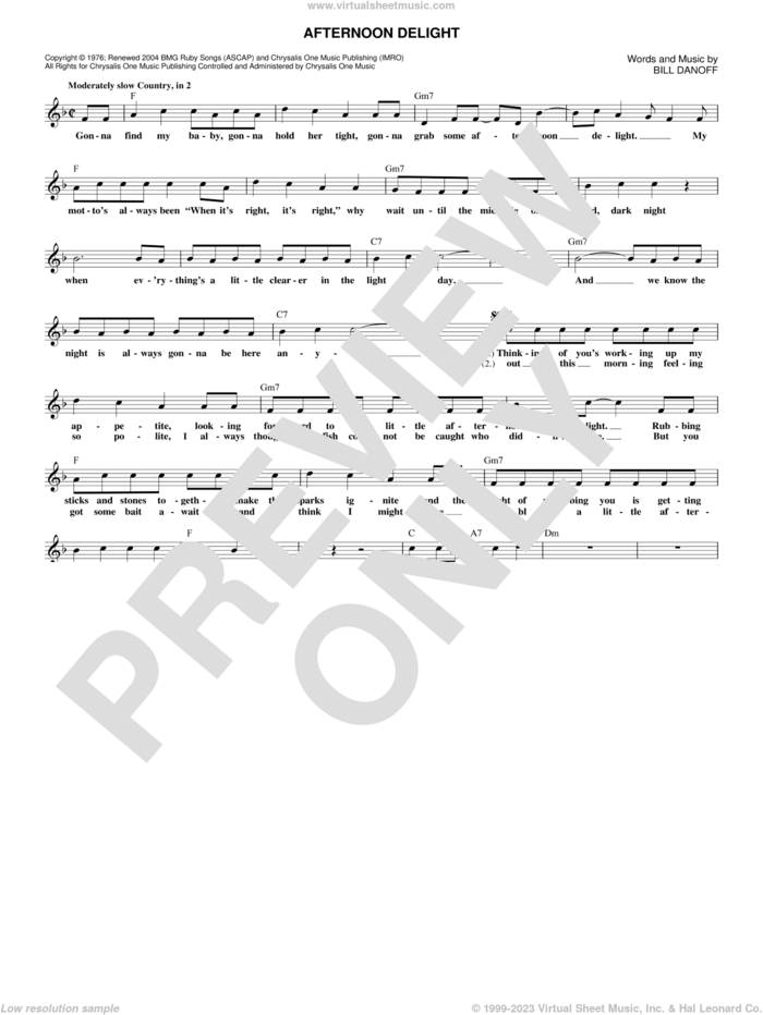 Afternoon Delight sheet music for voice and other instruments (fake book) by Starland Vocal Band and Bill Danoff, intermediate skill level