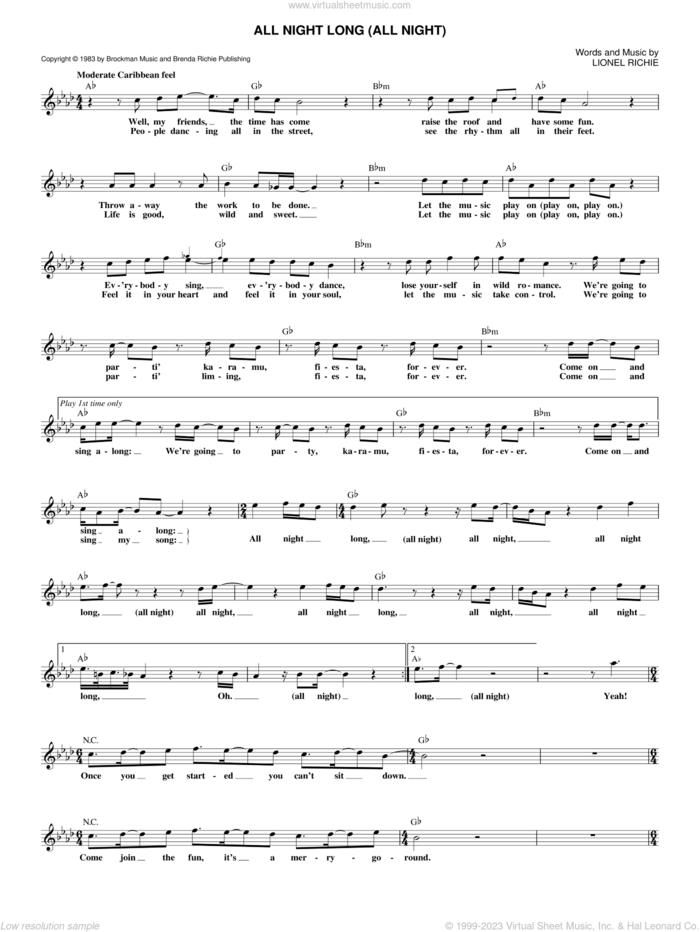 All Night Long (All Night) sheet music for voice and other instruments (fake book) by Lionel Richie, intermediate skill level